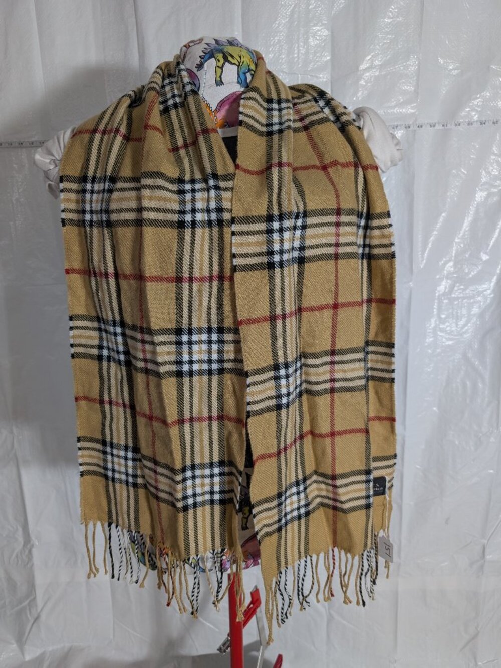 V. Fraas Beige Plaid Fringe Scarf Camel Black Red Tartan Wrap Shawl Unisex